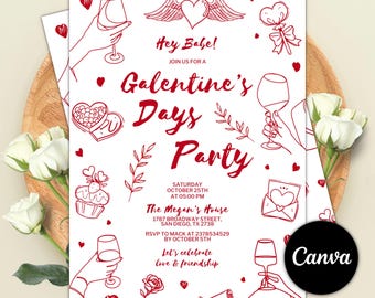 Galentine's Day Invite, Valentine's Party Invitation, Galentine's Girls Night, Doodle Hand Drawn Cupid Coquette, Editable Canva Template