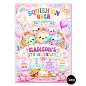 Könnte beinhalten: Eine bunte Geburtstagseinladungskarte mit pastellfarbenen, lächelnden Knödel-Figuren in Bambusdämpfern. Der Text lautet SQUISH ON OVER, MADISON'S 5TH BIRTHDAY und enthält Veranstaltungsdetails wie Datum, Uhrzeit, Ort und RSVP-Informationen.