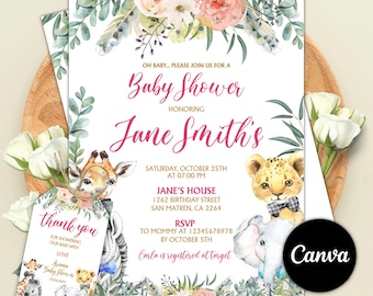 Invitación para baby shower con temática de animales de safari y vegetación, invitación para baby shower "Salvaje", invitación para baby shower en la jungla, plantilla editable de Canva con animales del zoológico