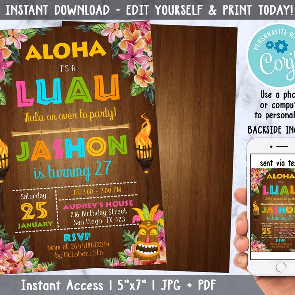 Luau Birthday Invitation, Luau Party Invitation, Luau Invitation, Hawaiian Birthday Invitation, Editable with Corjl