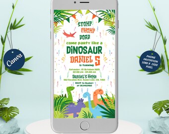 Zaproszenie na urodziny dinozaura, zaproszenia dinozaurów, słodkie zaproszenie na imprezę, zaproszenie dinozaura, chłopiec, dziewczyna, zaproszenie urodzinowe, cyfrowe Canva