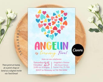 Editable Rainbow Heart Birthday Invitation, Girls Rainbow Party, Rainbow Birthday Invite, Rainbow of fun Invite, Whimsical Rainbow Invite