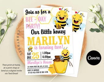 Editable Bee Invittaion, Bee Birthday Party Invitation, , Honey Bee Birthday Party Invitation, Bee Invite, Editable with Canva