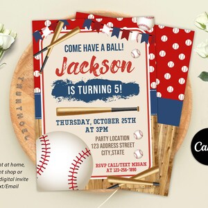Faire-part d'anniversaire de baseball modifiable, invitation à une fête de baseball, recrue de l'année, invitation d'anniversaire de fête de sport, jeu de balle Slugger, toile