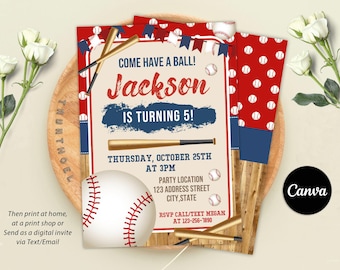 May include: Baseball-themed birthday party invitation with red, white, and blue colors. The invitation says "Come have a ball! Jackson is turning 5!" and includes details about the party, including the date, time, and location.