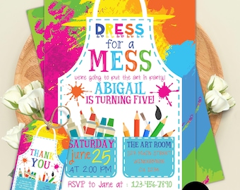 Art Birthday Invitation, Paint Party Birthday Invite, Dress for a Mess Kids Birthday Party, Editable Canva Template