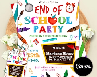 Invito modificabile per la festa di fine scuola, invito per la festa estiva per bambini, invito per la festa di fine anno scolastico, invito per la festa dell'ultimo giorno di scuola