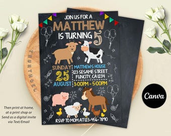 Bewerkbare boerderijuitnodiging, verjaardagsuitnodiging boerderij, uitnodiging boerderijfeest, boerderijdieren feestuitnodiging, boerenerfuitnodiging, digitaal canvas