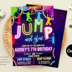 Jump Birthday Invitation, Neon Jump Party Invitation, Trampoline Invitation, Trampoline Birthday, Let&#39;s Jump Party, Editable Canva Template
