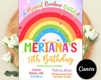 Editable Rainbow Birthday Invitation, Girls Rainbow Party Invitation, Rainbow Clouds Hearts, Rainbow of fun Invite, Instant Download