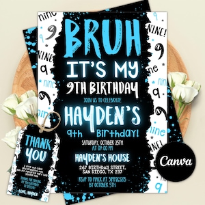 Invitación de cumpleaños número 9 para niño, Invitación "¡Hermano, es mi cumpleaños!", Invitaciones con el número del cumpleaños de un niño, Plantilla editable de Canva