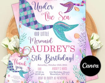 Invitación de cumpleaños de sirena, Invitación para fiesta de cumpleaños de sirena bajo el mar, Invitaciones de sirena, Tema de sirena para niñas, Plantilla editable de Canva