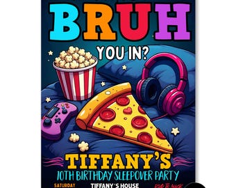 Bruh You In Sleepover Invitation, Boys Gaming Birthday, Pizza Popcorn Game Night, Editable Canva Template