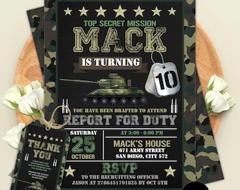 May include: A rectangular invitation and matching tag featuring a camouflage border. The invitation displays the text TOP SECRET MISSION MACK IS TURNING 10, a tank graphic, and event details including date, time, and location. The tag says THANK YOU.