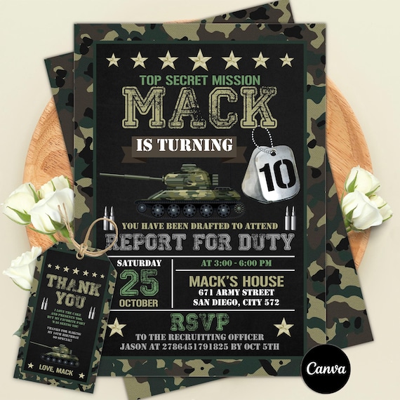 Army Birthday Invitation, Military Party Invite, Soldier Birthday Party, Camouflage Any Age Invitation, Editable Canva Template