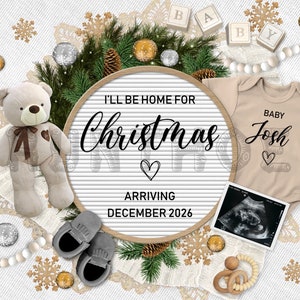 Faire-part de grossesse numérique pour Noël, faire-part de naissance prévu pour décembre, non sexiste, modèle modifiable, je serai à la maison pour Noël