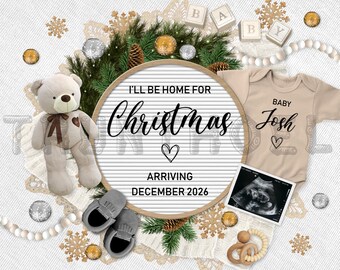 Weihnachten Digitale Schwangerschaftsankündigung, fällig im Dezember Babyankündigung, geschlechtsneutral, bearbeitbare Vorlage, ich werde Weihnachten zu Hause sein