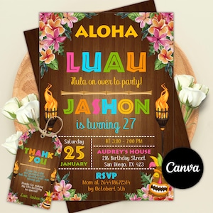 Luau Birthday Invitation, Hawaiian Party, Editable Canva Template (Digital Download)