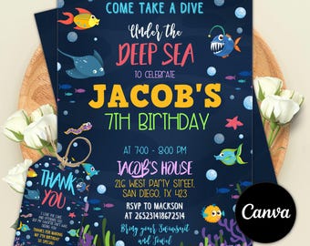 Under the Sea Neon Birthday Invitation: Ocean Animals Canva Template (5x7 Digital Download)
