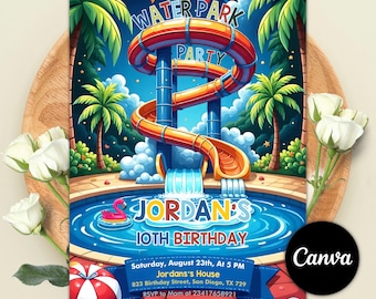 Editable Water Park Birthday Invitation, Waterslide Birthday Party, Summer Pool Invitation, Water Slide Bash, Boy Girl, Instant Download