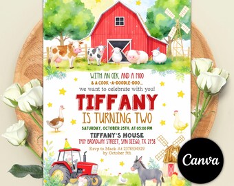 Editable Farm Animals Birthday Invitation, Barnyard Party (Canva Template)
