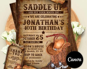 Counrty Western Invitation, Rustic Wood, Cowboy Hat and Lasso, Instant Download, Editable  Canva Template