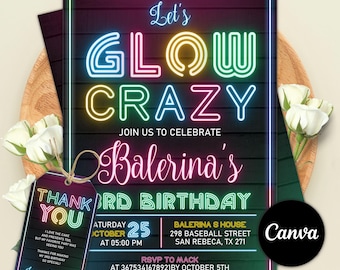 Invitación de cumpleaños con brillo, invitación con brillo neón, invitación de cumpleaños con brillo, plantilla digital imprimible para cumpleaños de niña, plantilla editable de Canva