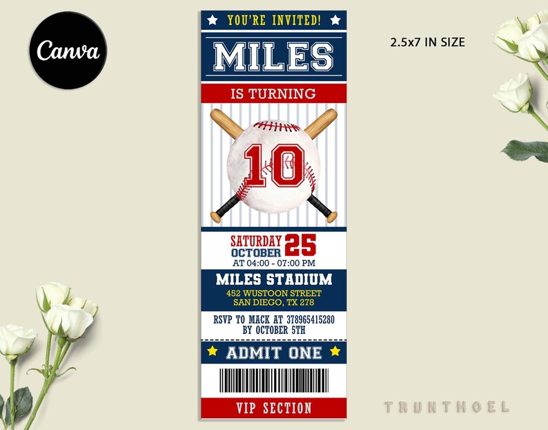 Peut inclure: Invitation &agrave; une f&ecirc;te d'anniversaire sur le th&egrave;me du baseball avec un sch&eacute;ma de couleurs rouge, blanc et bleu. L'invitation est en forme de billet et pr&eacute;sente une balle de baseball avec le num&eacute;ro 10 dessus. Le texte sur l'invitation se lit comme suit : "Vous &ecirc;tes invit&eacute;s ! Miles a 10 ans. Samedi 25 octobre de 16h00 &agrave; 19h00. Stade Miles, 452 Wustoon Street, San Diego, TX 278. RSVP &agrave; Mack au 378965415280 avant le 5 octobre. Admission. Section VIP. 6,35 x 17,78 cm. Trunthoel"