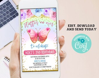 Butterfly Electronic Invitation, Floral Butterfly Invite, Phone Invitation, Editable with CORJL