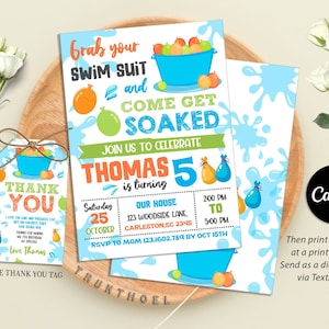 Water Balloon Invitation, Water Balloon Birthday Bash - Soaked Water Fight Splash Party, DIGITAL Printable,  Editable With Canva