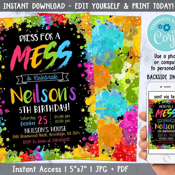 Editable Art Birthday Invitation, Art Party Invitation, Painting Birthday Party, Colorful, Paint Party, Editable with Corjl