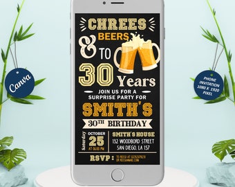 Saludos y Cervezas Invitación Electrónica, Fiesta de Cumpleaños para Adultos, Saludos y Cervezas a 30 Años, 40 Años, 50 Años, Canva Digital