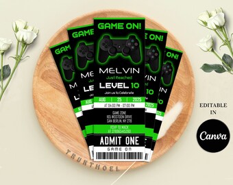 Video Game Ticket Invitation, Video Game Birthday Invitation, Gamer Invitation, Gaming Birthday Party Invitation, Digital Canva