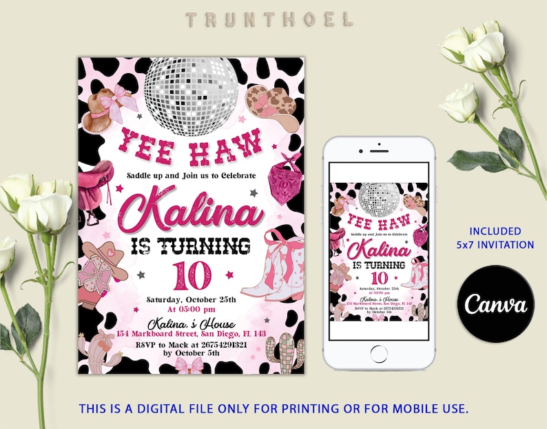 Editable Pink Cowgirl Birthday Party Invitation, Yee Haw Cowgirl Party, Rodeo Birthday, Printable Space Cowgirl Birthday Invitation Template