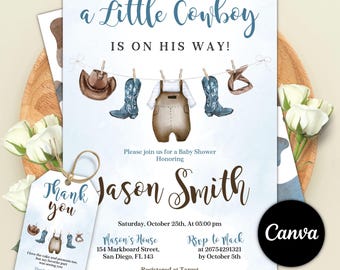 Cowboy Baby Shower Invitation, Cowboy Invitation, A Little Cowboy Baby Shower Invite, Wild West Western, Cowboy is on the Way Invite, Canva