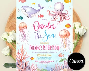 Oneder the Sea Birthday Invitation, Watercolour Sea Animals, Nautical Ocean Kids Birthday Invite, Ocean Animals Under the Sea Invitation