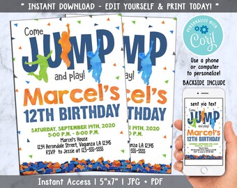 Trampoline Birthday Invitation, Jump Invitation, Trampoline Party, Bounce Invitation, Digital CORJL