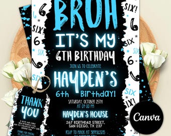 Invitación para el sexto cumpleaños de un niño, invitación para una fiesta de hermanos, invitación "Hermano, es mi cumpleaños", invitaciones con número para niño, plantilla editable de Canva