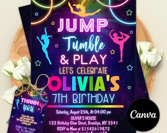Editable Jump Invitation, Jump Birthday Party Invitation, Jump Tumble & Play Gymnastics Birthday Party Invitation, Rainbow Invitation