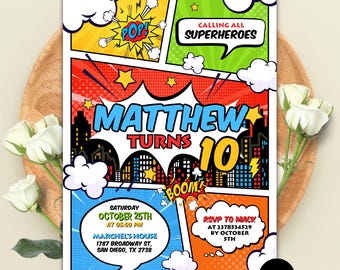 Superhero Birthday Invitation, Comic Book Invitation, Super Hero Party Invite, Superhero Comic Theme, Editable Canva Template