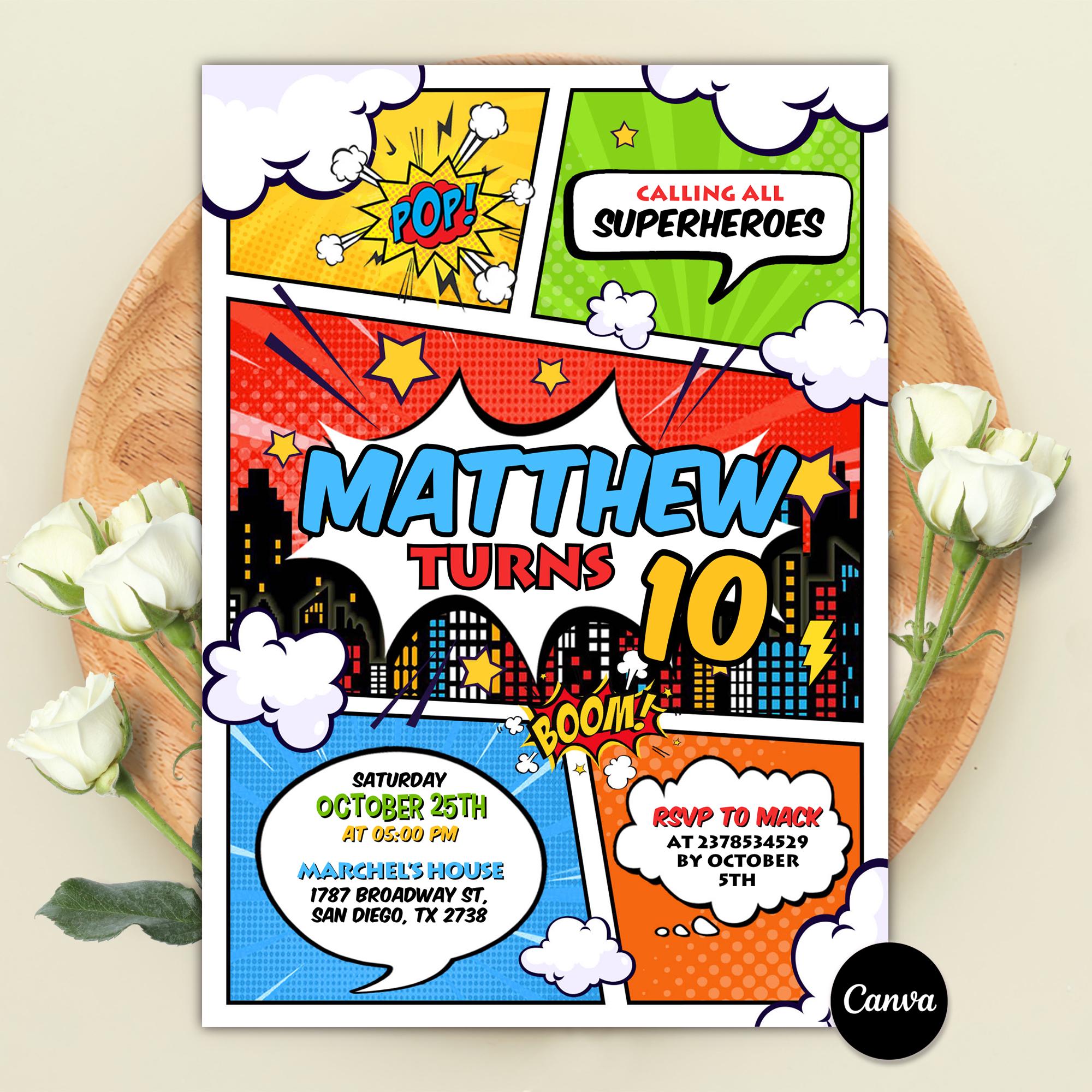 Superhero Birthday Invitation, Comic Book Invitation, Super Hero Party ...