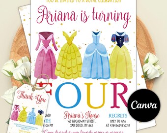 Watercolor Princess Birthday Invitation, Royal Pink Dress, Magical Celebration Invitation, Instant Download, Canva Template