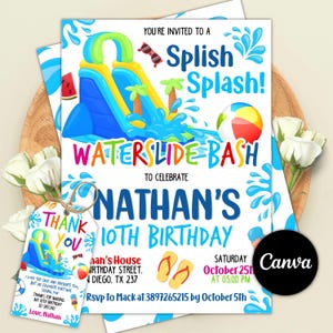 Invitación de cumpleaños editable con tobogán acuático, invitación a fiesta con tobogán acuático, invitación a fiesta de chapoteo para niño o niña, fiesta con tobogán acuático, plantilla de Canva