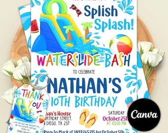 Invitación de cumpleaños editable con tobogán acuático, invitación a fiesta con tobogán acuático, invitación a fiesta de chapoteo para niño o niña, fiesta con tobogán acuático, plantilla de Canva