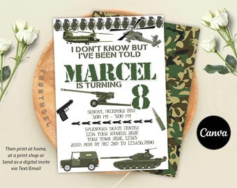 Army Invitaion, Army Birthday Party Invitation, Camo Army Invittaion, Military Birthday Party Invitation, Editable with Canva