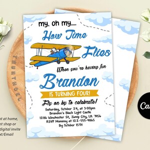 Editable Airplane Birthday Invitation Oh My Time Flies,  Plane Sky Instant Download, Digital Canva Template