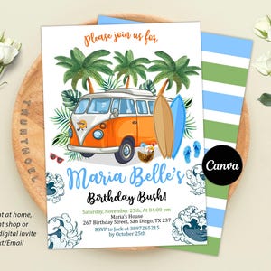 Editable Surf&#39;s Up Birthday Invitation, Beach Party Invite, Summer Invitation, Retro Van Surf, Watercolors, Editable Canva Template