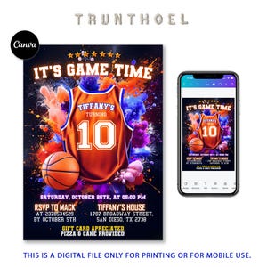 Editable Basketball Birthday Invitation, Sports Birthday Party, Jersey Invitation, neon sport theme, boy youth basketball, basketball athlete, basketball theme, paperless post, phone text message, sport party birthday, basketball player, diy canva template, teen player birthday, all star bday flyer, birthday invitation, printable invitation