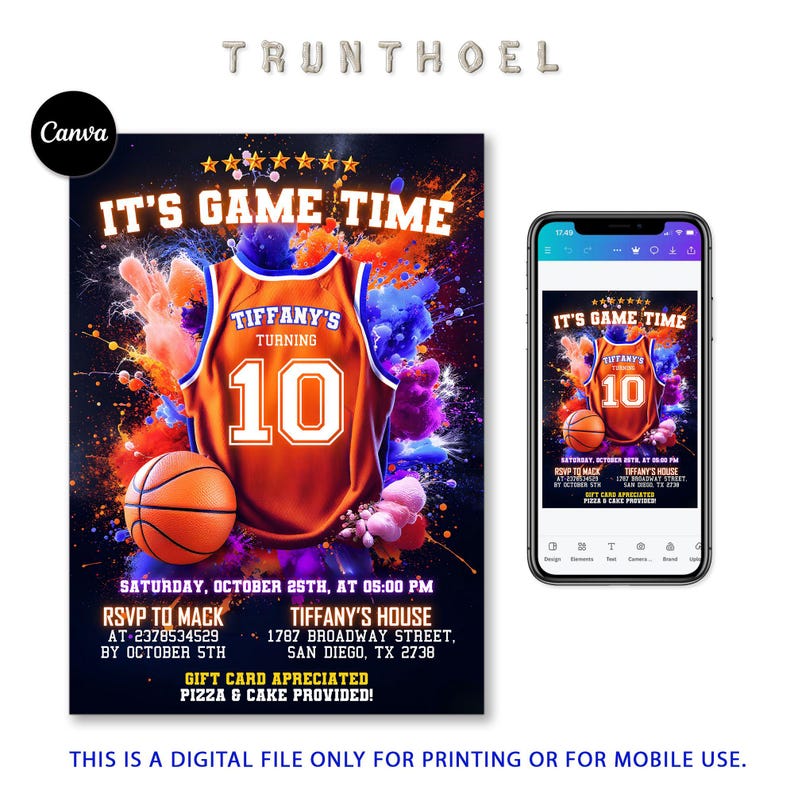 Editable Basketball Birthday Invitation, Sports Birthday Party, Jersey Invitation, neon sport theme, boy youth basketball, basketball athlete, basketball theme, paperless post, phone text message, sport party birthday, basketball player, diy canva template, teen player birthday, all star bday flyer, birthday invitation, printable invitation