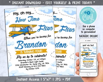 Editable Airplane Birthday Invitation Oh My Time Flies,  Plane Sky Instant Download, Printable Corjl